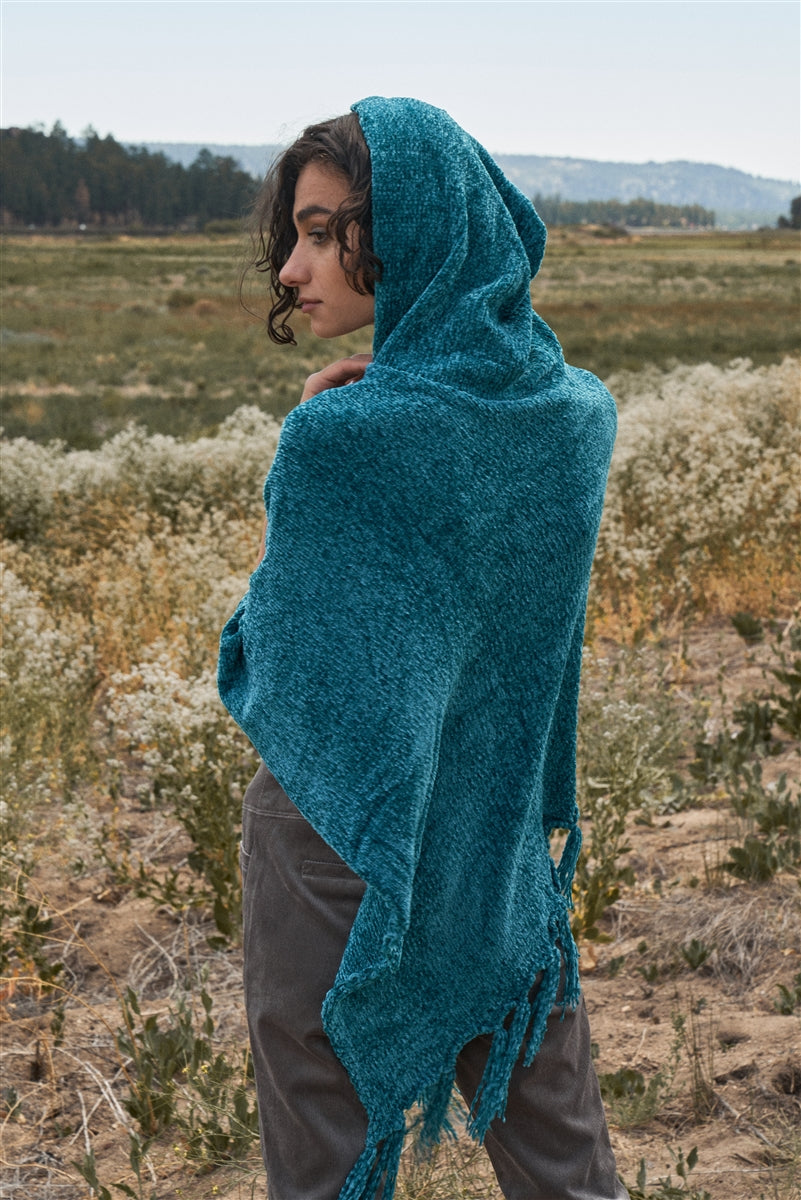Teal Chenille Knit Fringe Hooded Poncho.