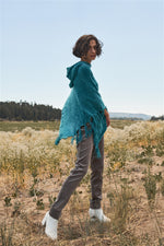 Teal Chenille Knit Fringe Hooded Poncho.