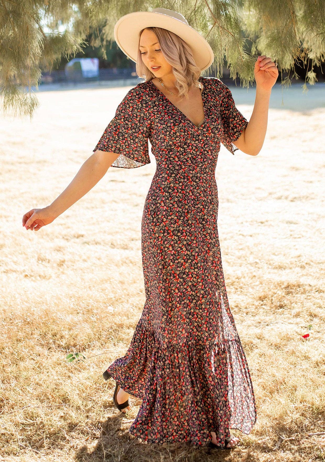 Vintage Floral Print Flutter Sleeve Maxi Dress / The Emerald Fox Boutique Black/Fuchsia / S Vintage Floral Print Flutter Sleeve Maxi Dress / The Emerald Fox Boutique Black/Fuchsia / S