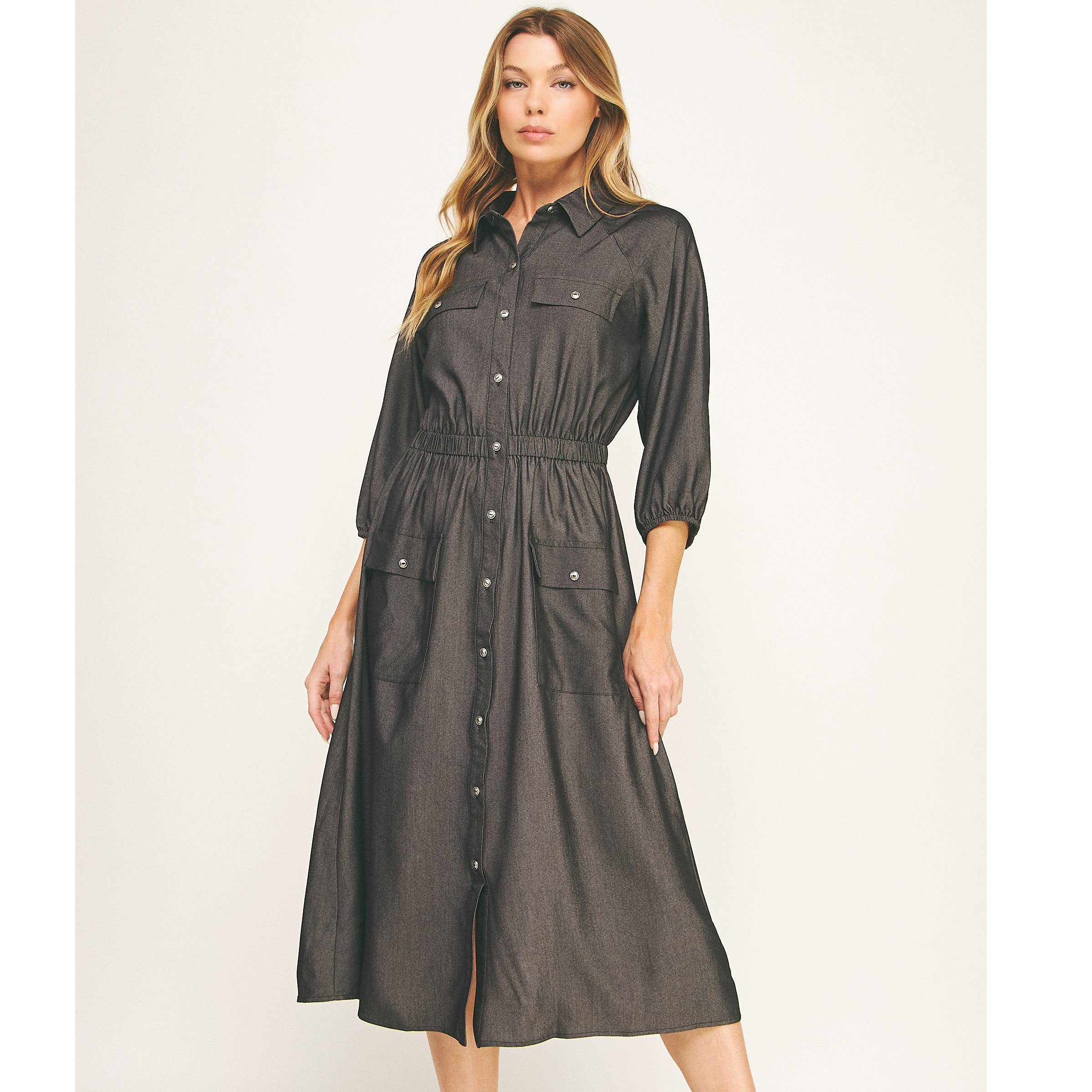 button down fall dress Chloe Chambray Midi / The Emerald Fox Boutique boogzel Ash Brown Sparkly Velvet Sequins Fitted Primary colour:Baby Blue