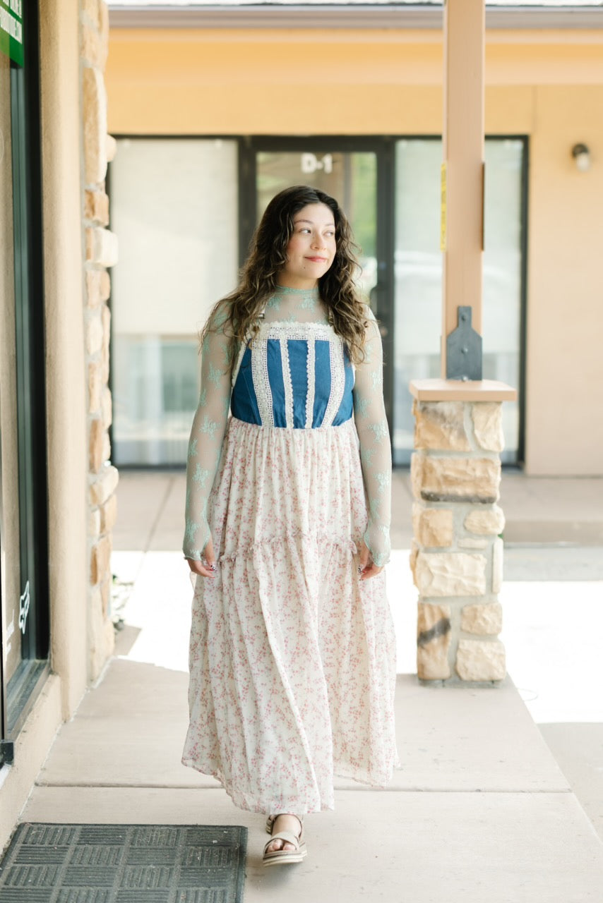 Denim w/Lace Overall Midi Dress