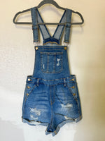 Distressed Denim Overall Shorts.