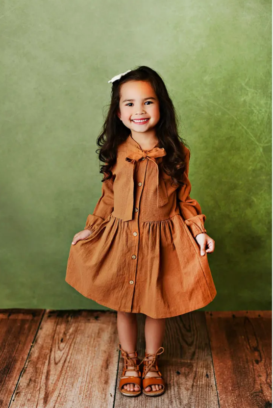 Kids Sienna Colored Button Long Sleeve Bow Dress.