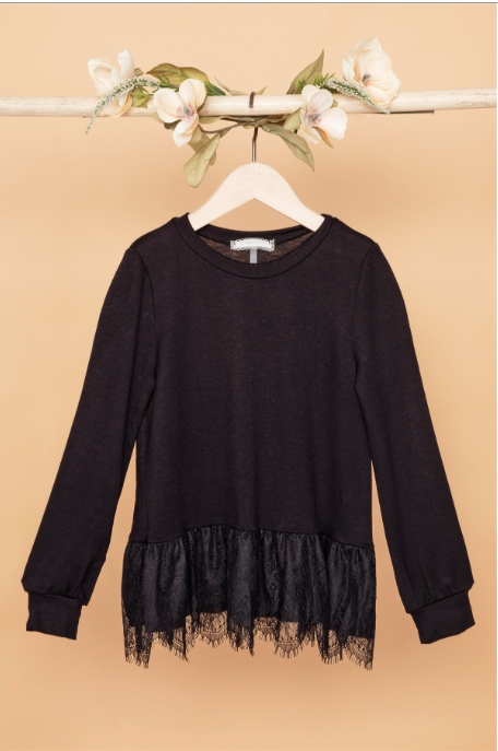 Girls Black Knit Lace Hem Sweater.