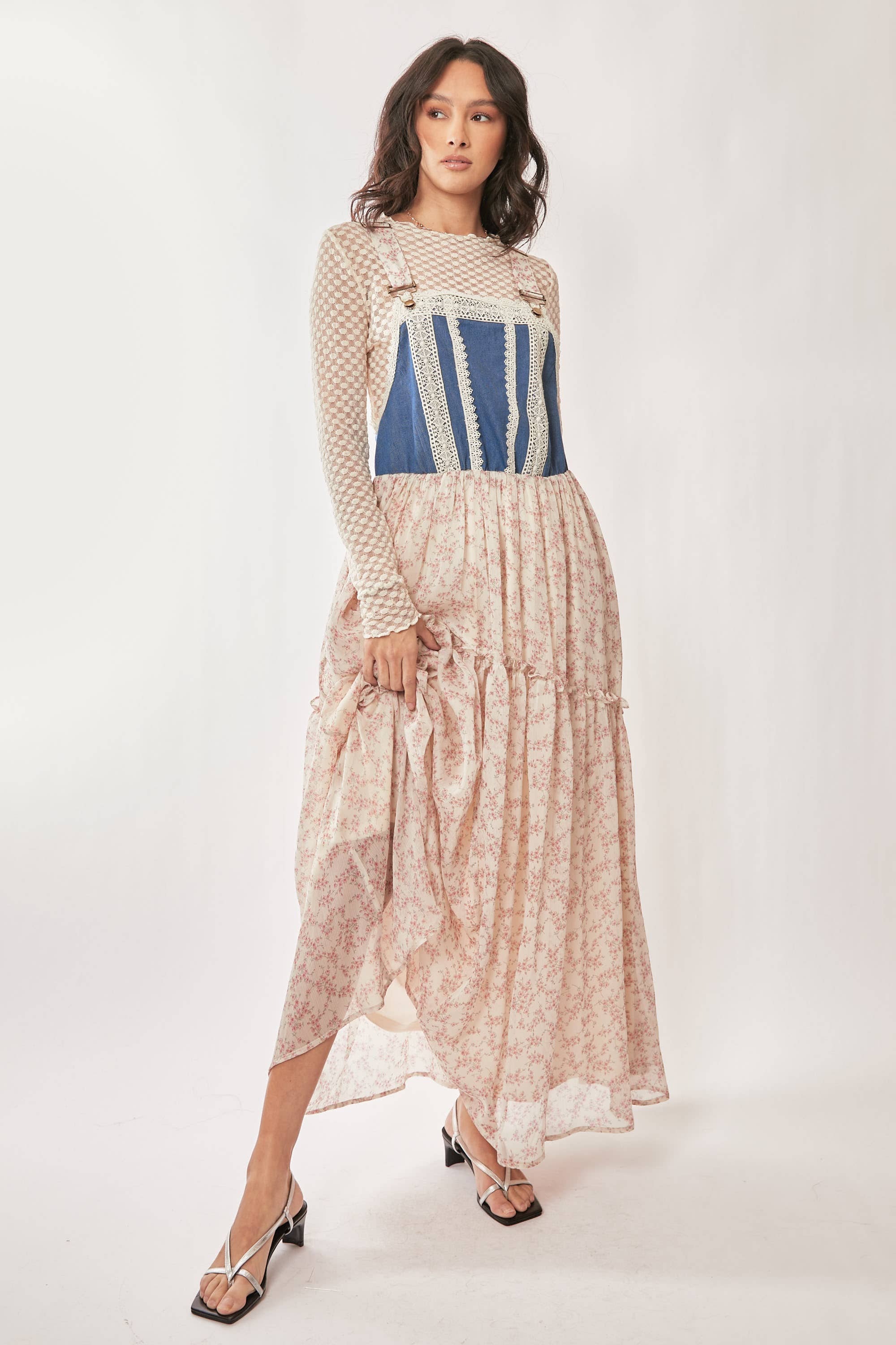 Denim w/Lace Overall Midi Dress / The Emerald Fox Boutique Pink Floral / S Denim w/Lace Overall Midi Dress / The Emerald Fox Boutique Pink Floral / S