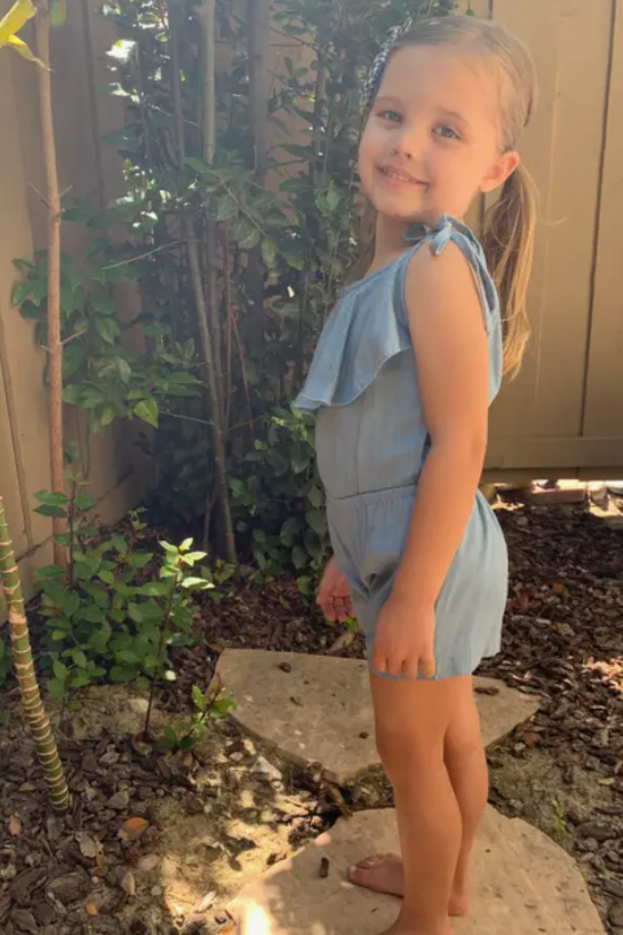 Girls Medium Blue Linen Tie Romper.
