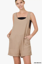 Linen Shorts Romper With Pockets.