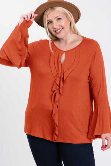 RNK Ruffle Keyhole Detail Bell Sleeve Top.