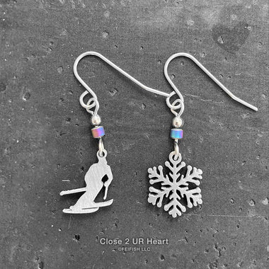 Skier and Snowflake Earrings.