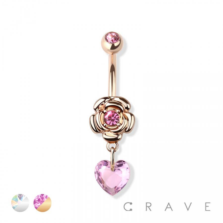 Rose Heart Stone CZ Dangle Navel Ring 