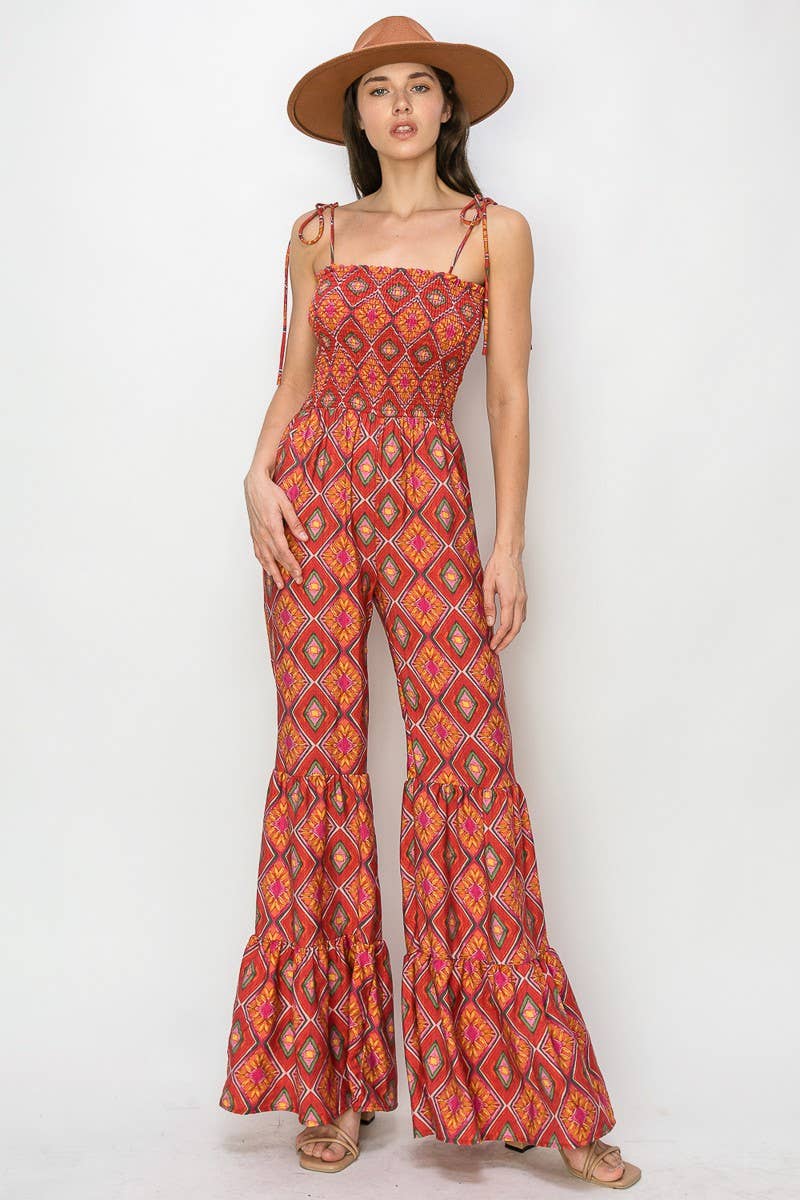 Boho Print Smocked Flared Jumpsuit 