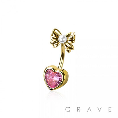 CZ Heart Bow Ribbon Belly Button Ring