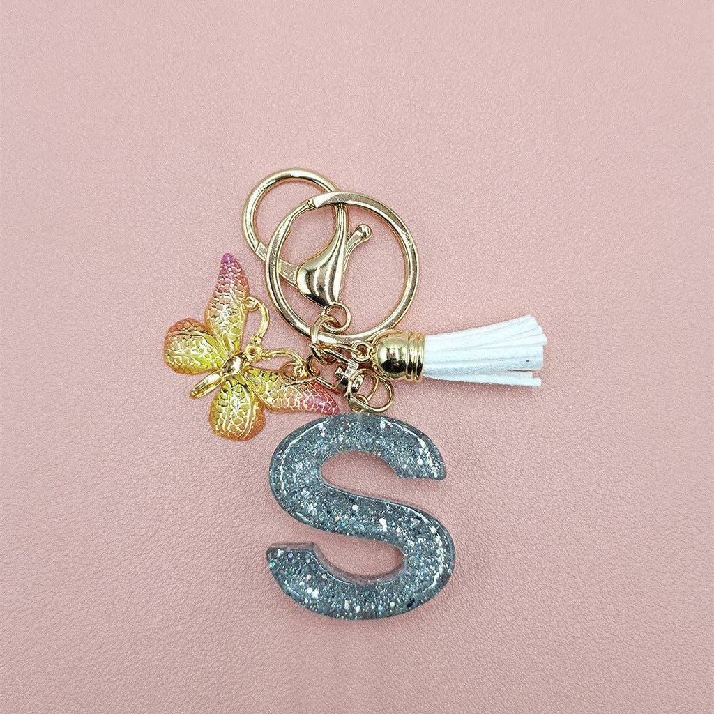Silver Sequined Resin Letter Charm Keychains