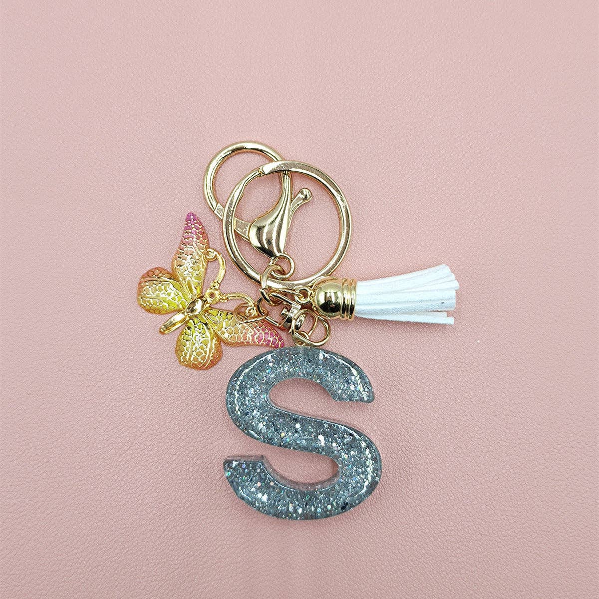 Silver Sequined Resin Letter Charm Keychains