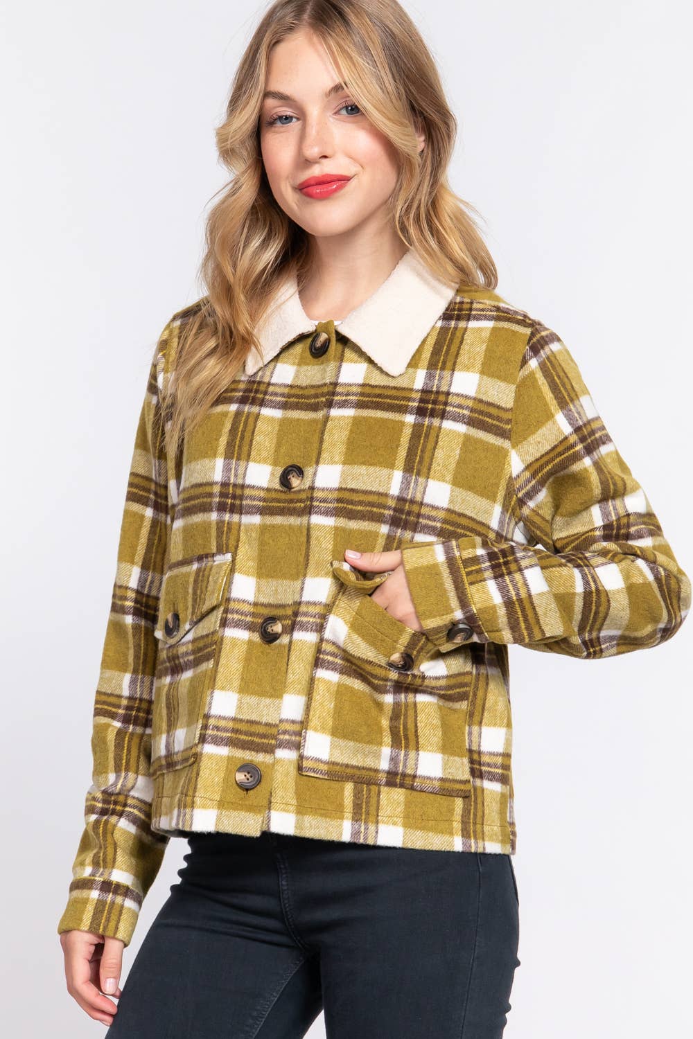 Faux Fur Collar Plaid Shacket
