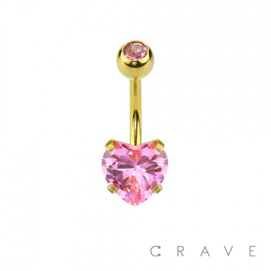 Gold Plated Prong Set Heart CZ 316L Navel Ring