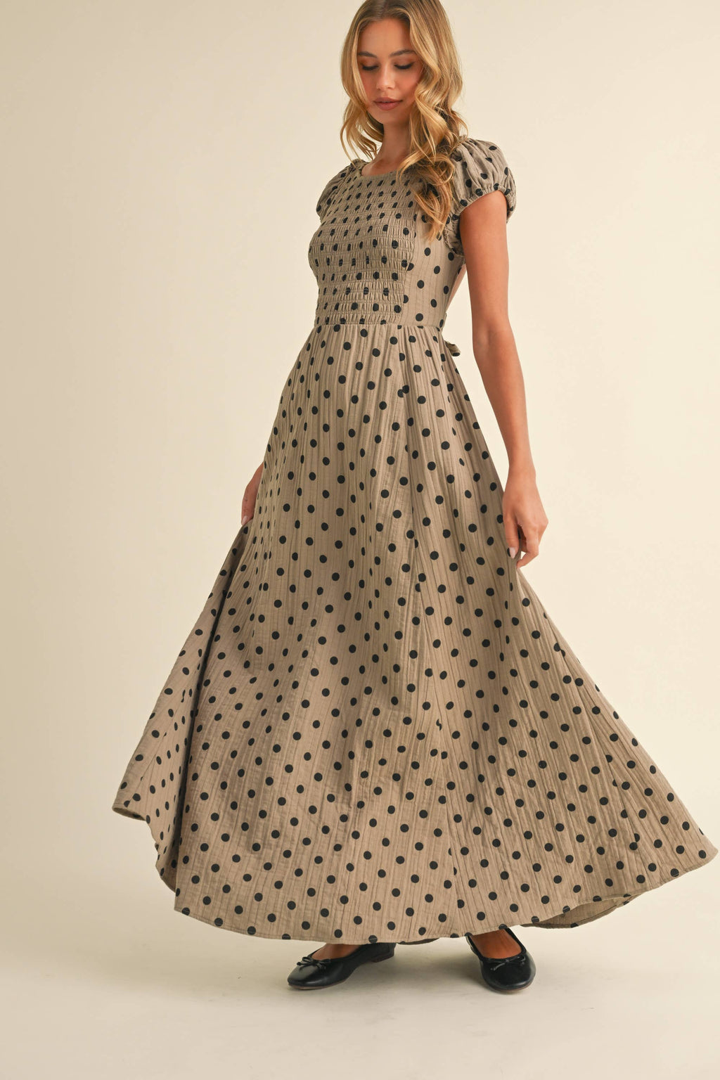 Polka Dot Criss Cross Open Back Smocked Maxi Dress