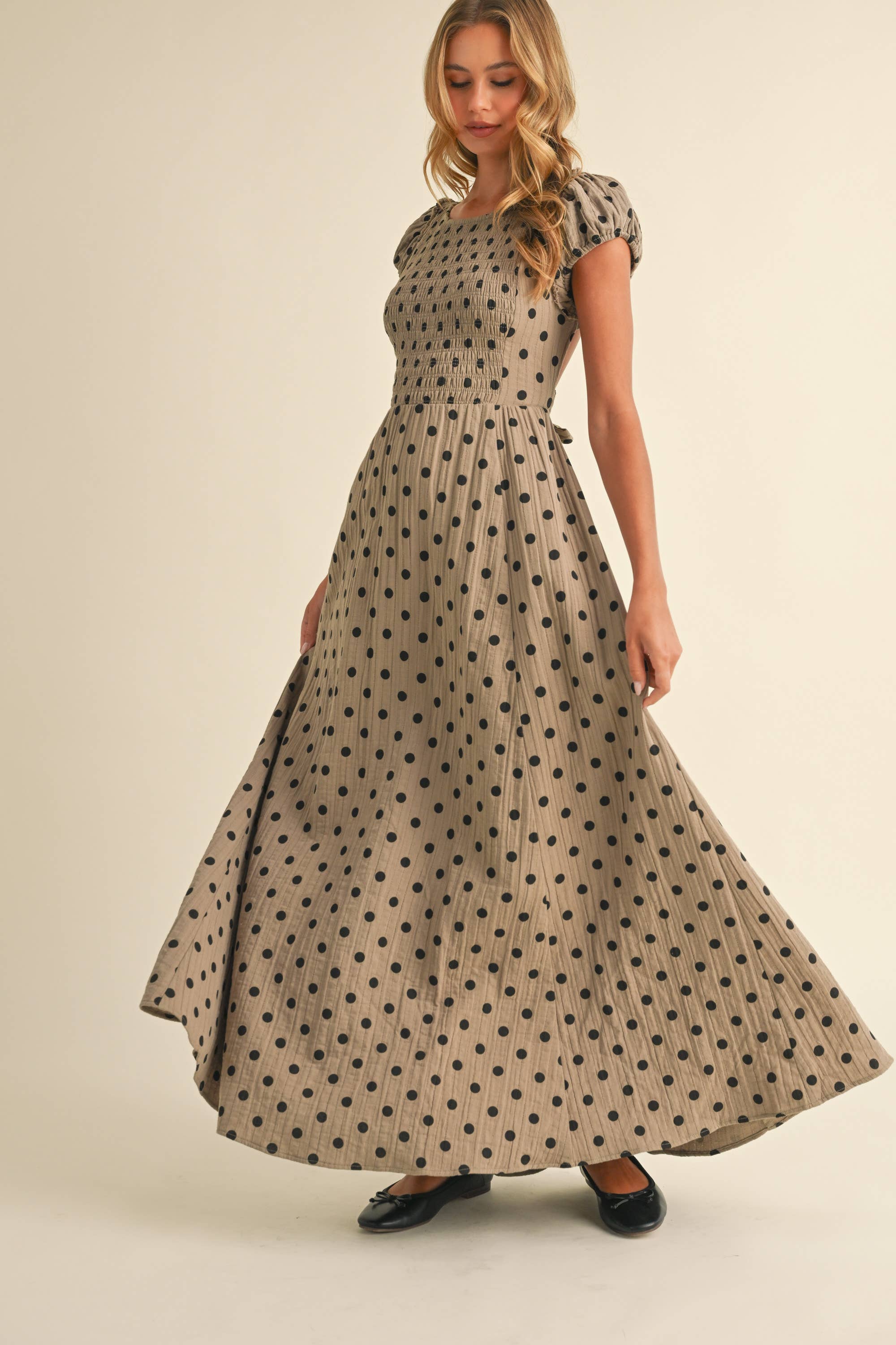 Polka Dot Criss Cross Open Back Smocked Maxi Dress