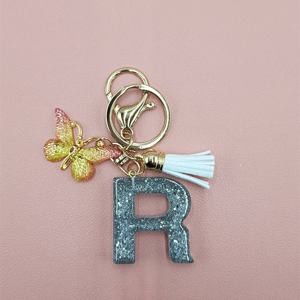 Silver Sequined Resin Letter Charm Keychains
