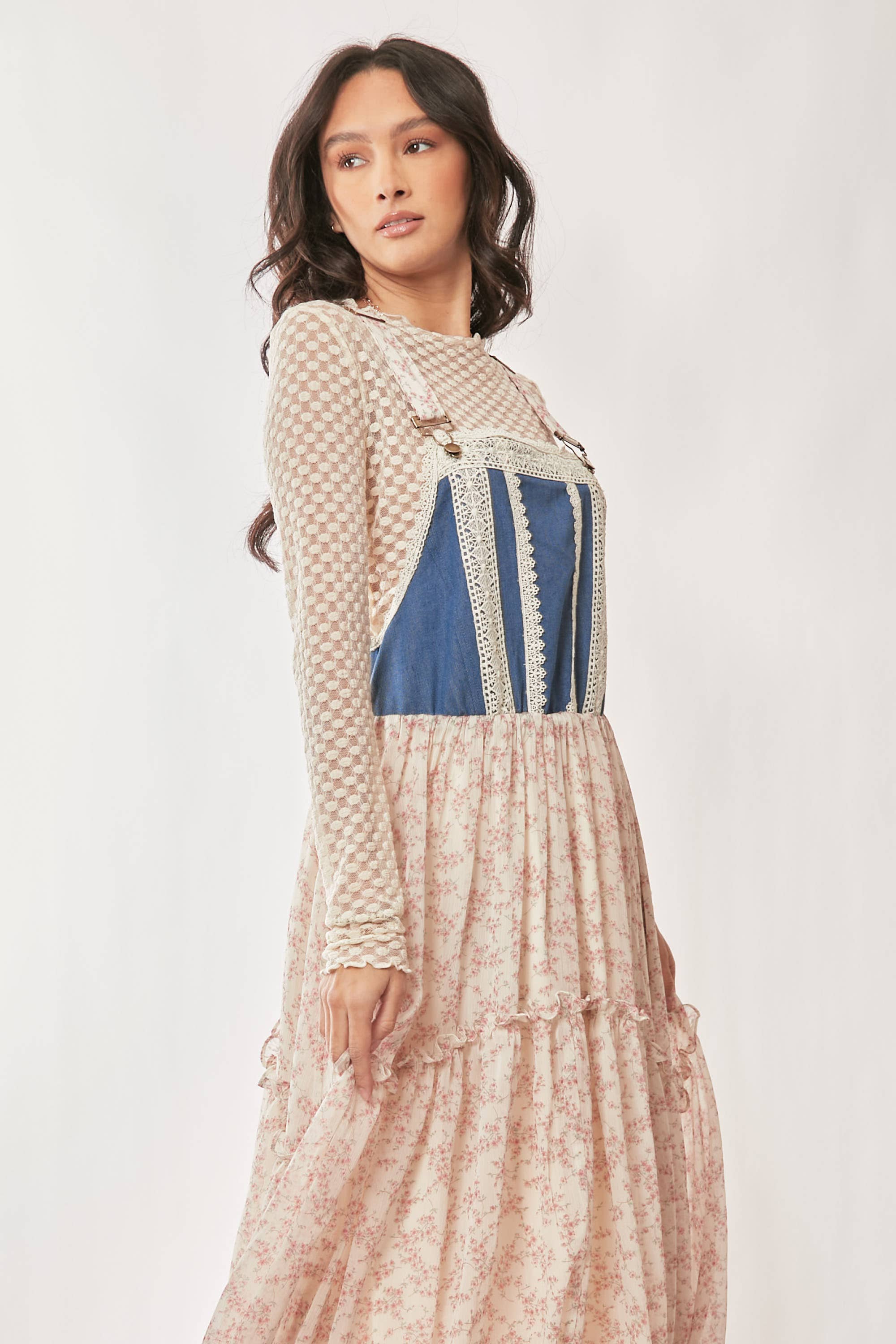 Denim w/Lace Overall Midi Dress