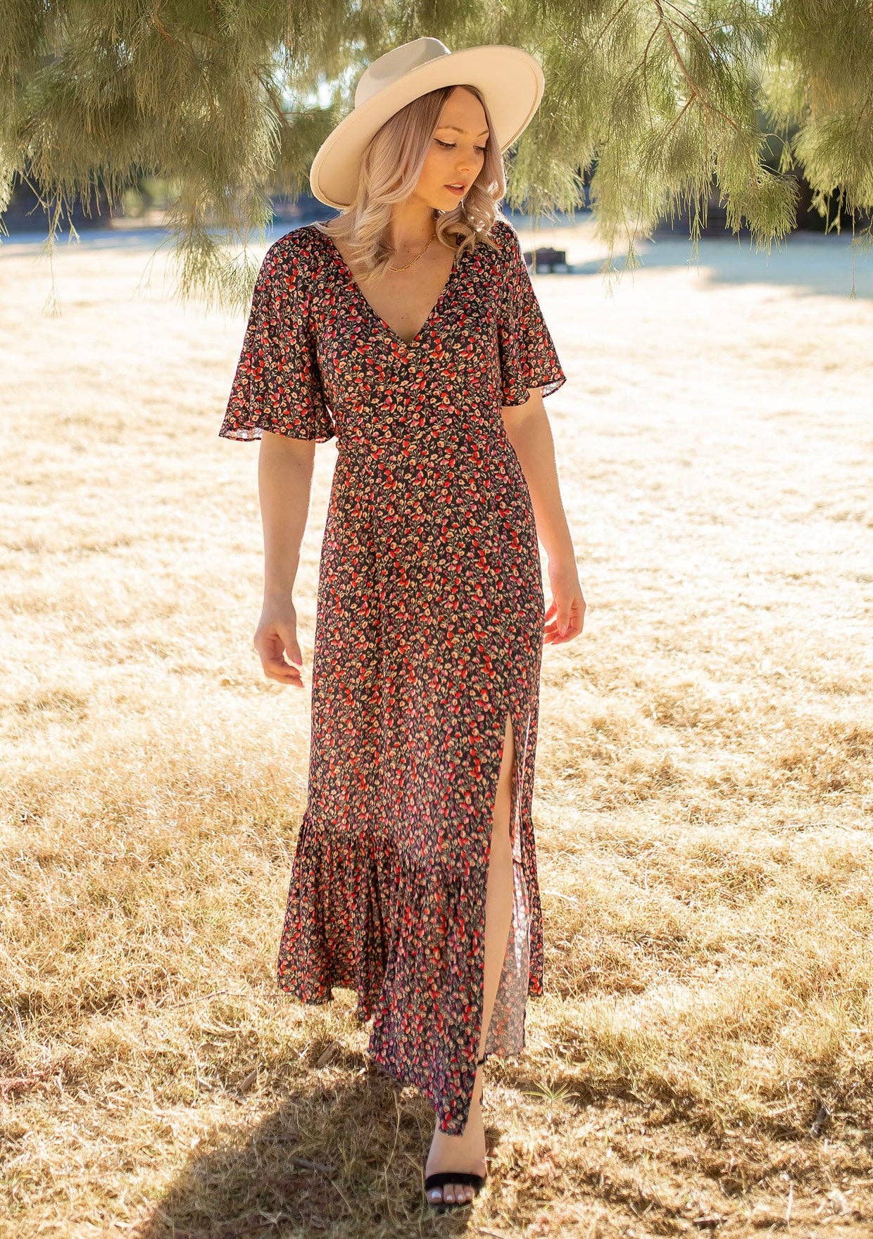 Vintage Floral Print Flutter Sleeve Maxi Dress / The Emerald Fox Boutique Black/Fuchsia / S Vintage Floral Print Flutter Sleeve Maxi Dress / The Emerald Fox Boutique Black/Fuchsia / S