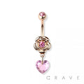 Rose Heart Stone CZ Dangle Navel Ring 
