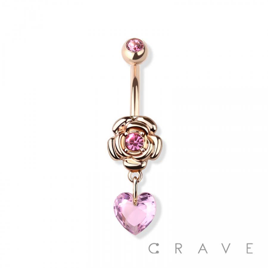 Rose Heart Stone CZ Dangle Navel Ring 