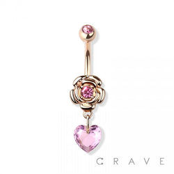 Rose Heart Stone CZ Dangle Navel Ring 