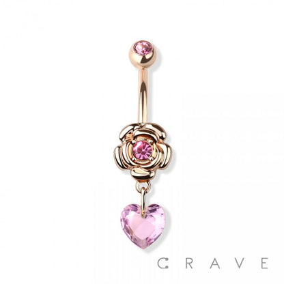 Rose Heart Stone CZ Dangle Navel Ring 
