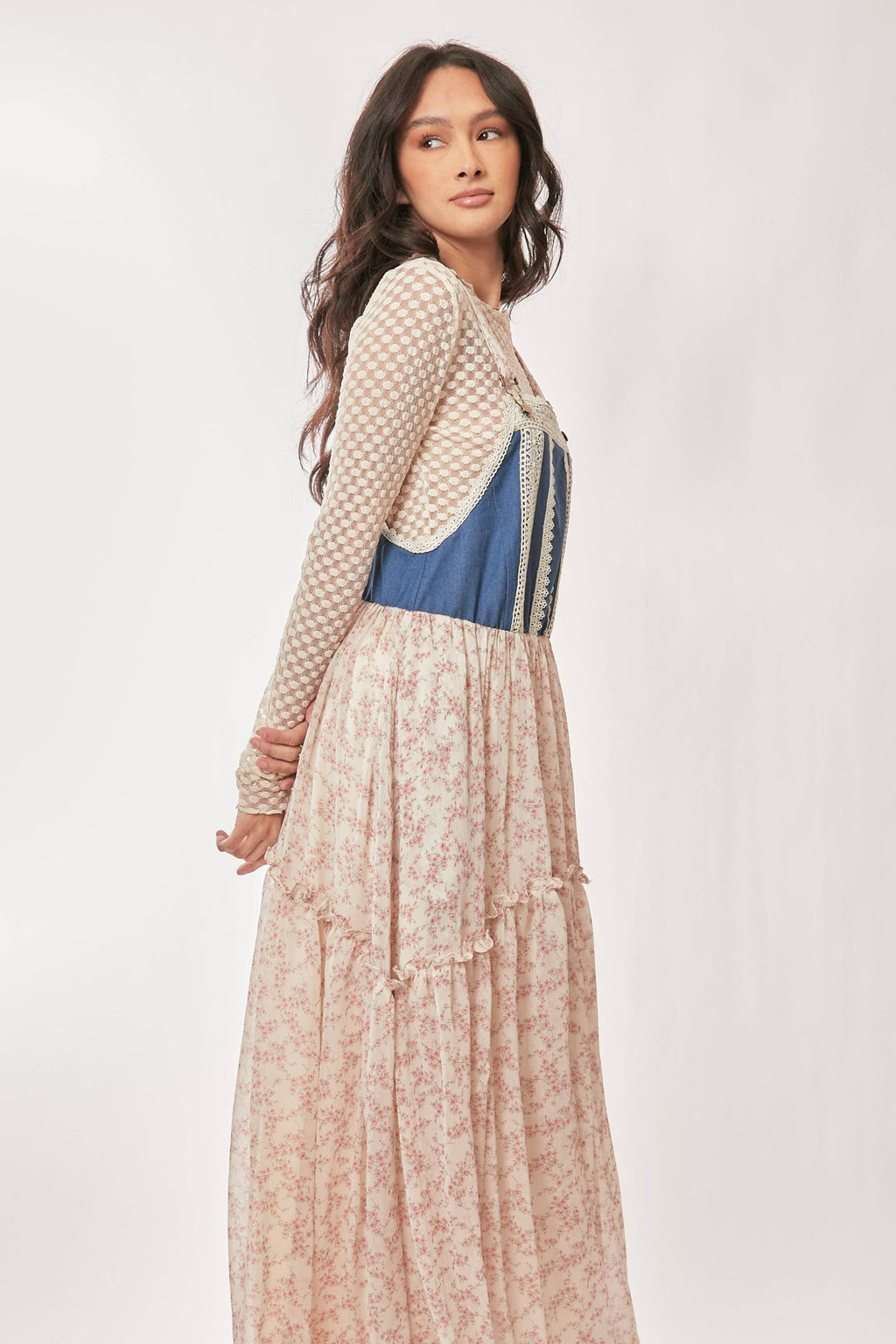 Denim w/Lace Overall Midi Dress