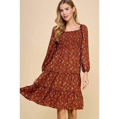 Tiered Floral Dress w/Smocking Long Sleeve 