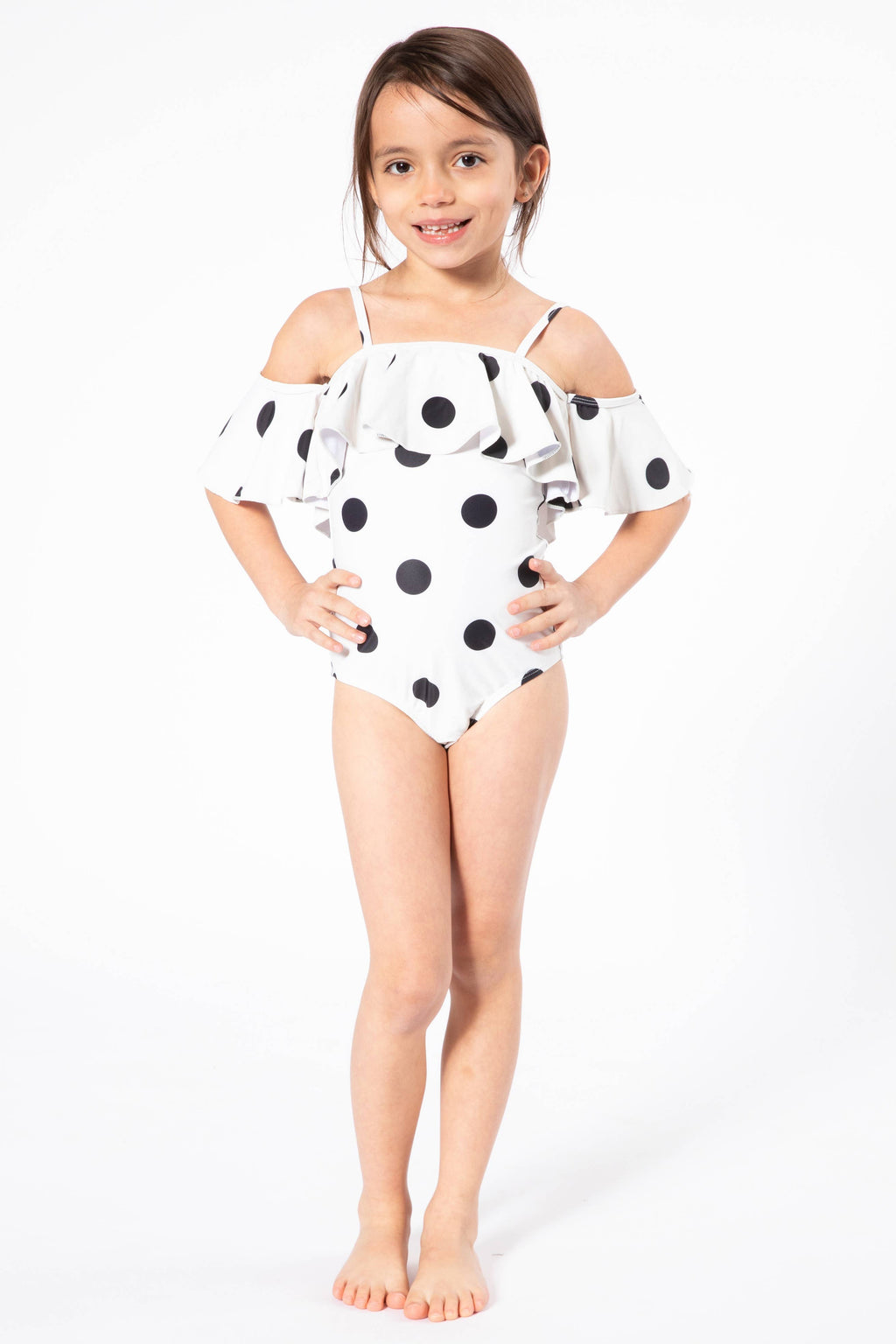 Girls Off Shoulder & Ruffled 1pc Swim Suit.