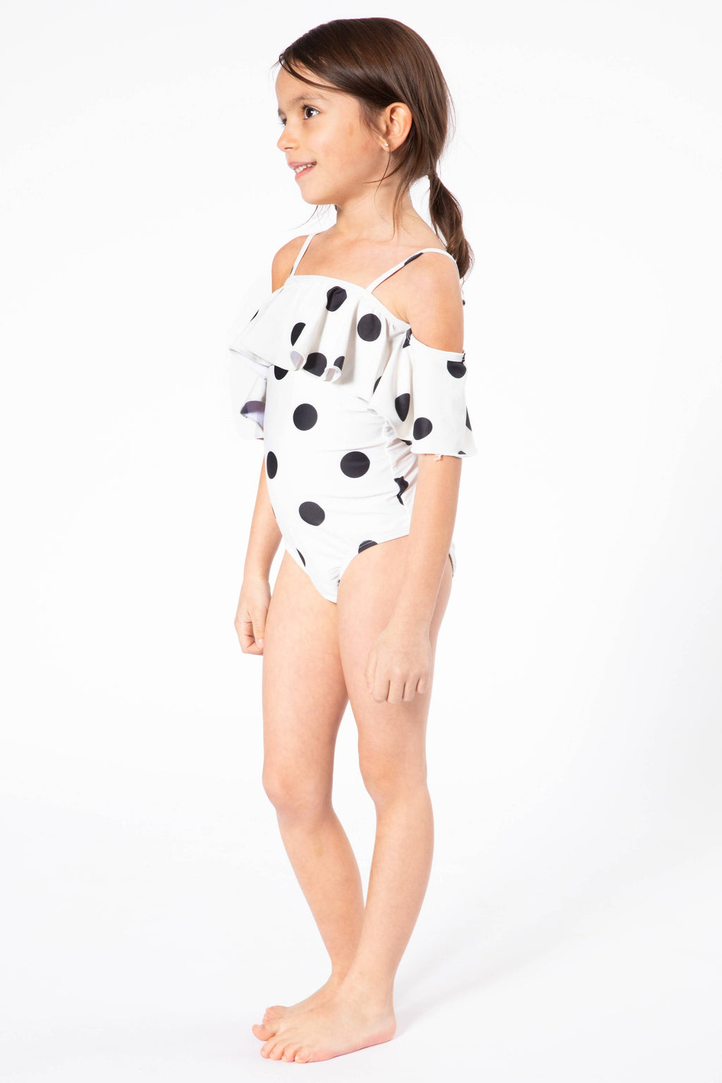 Girls Off Shoulder & Ruffled 1pc Swim Suit.