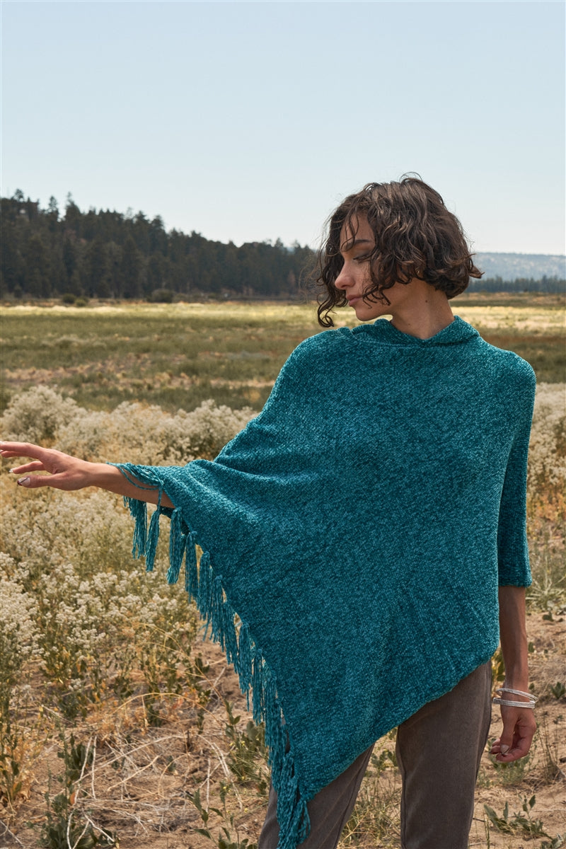 Teal Chenille Knit Fringe Hooded Poncho