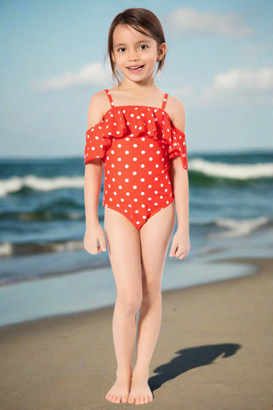 Girls Off Shoulder & Ruffled 1pc Swim Suit.