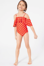 Girls Off Shoulder & Ruffled 1pc Swim Suit