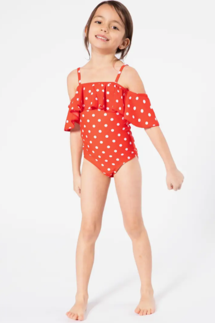 Girls Off Shoulder & Ruffled 1pc Swim Suit.
