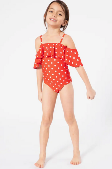 Girls Off Shoulder & Ruffled 1pc Swim Suit