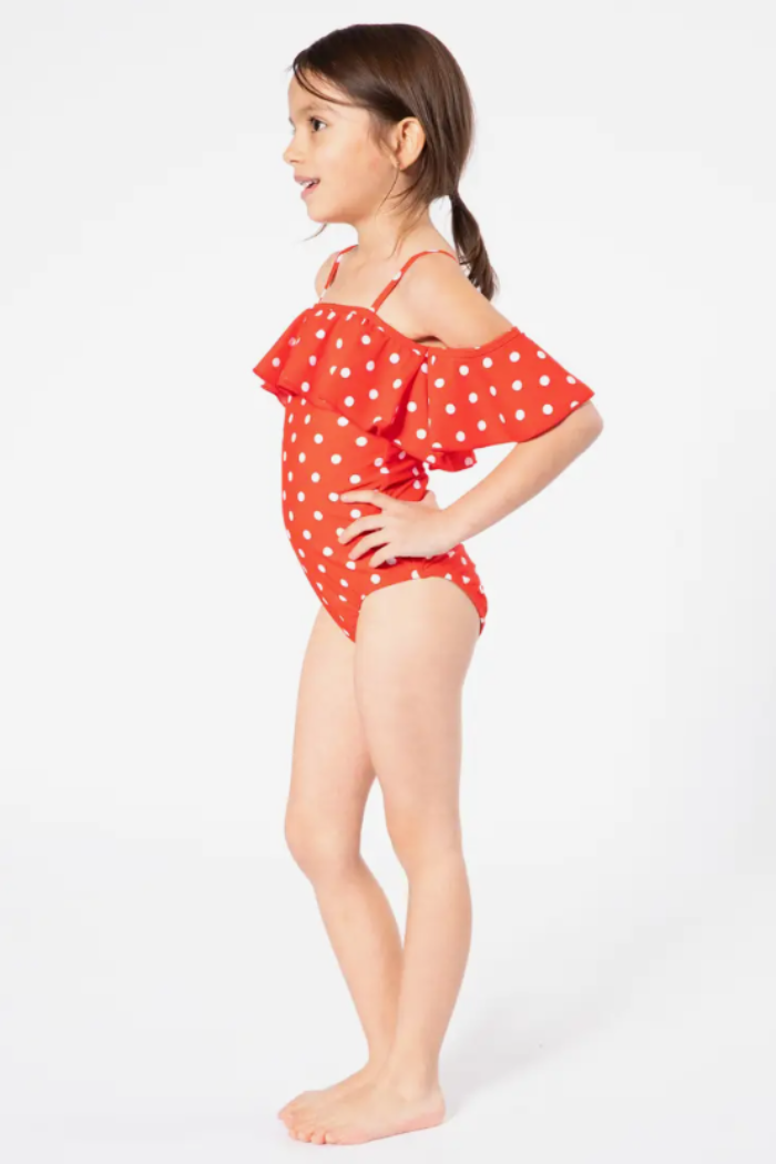 Girls Off Shoulder & Ruffled 1pc Swim Suit.