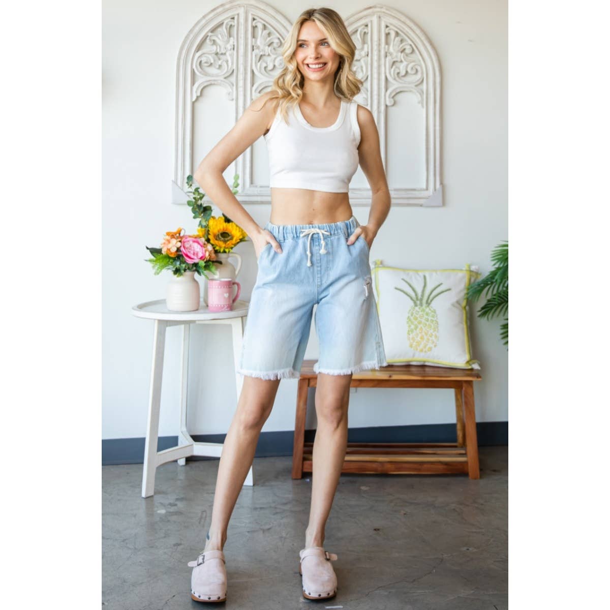 Elastic Waist Denim Sweat Shorts