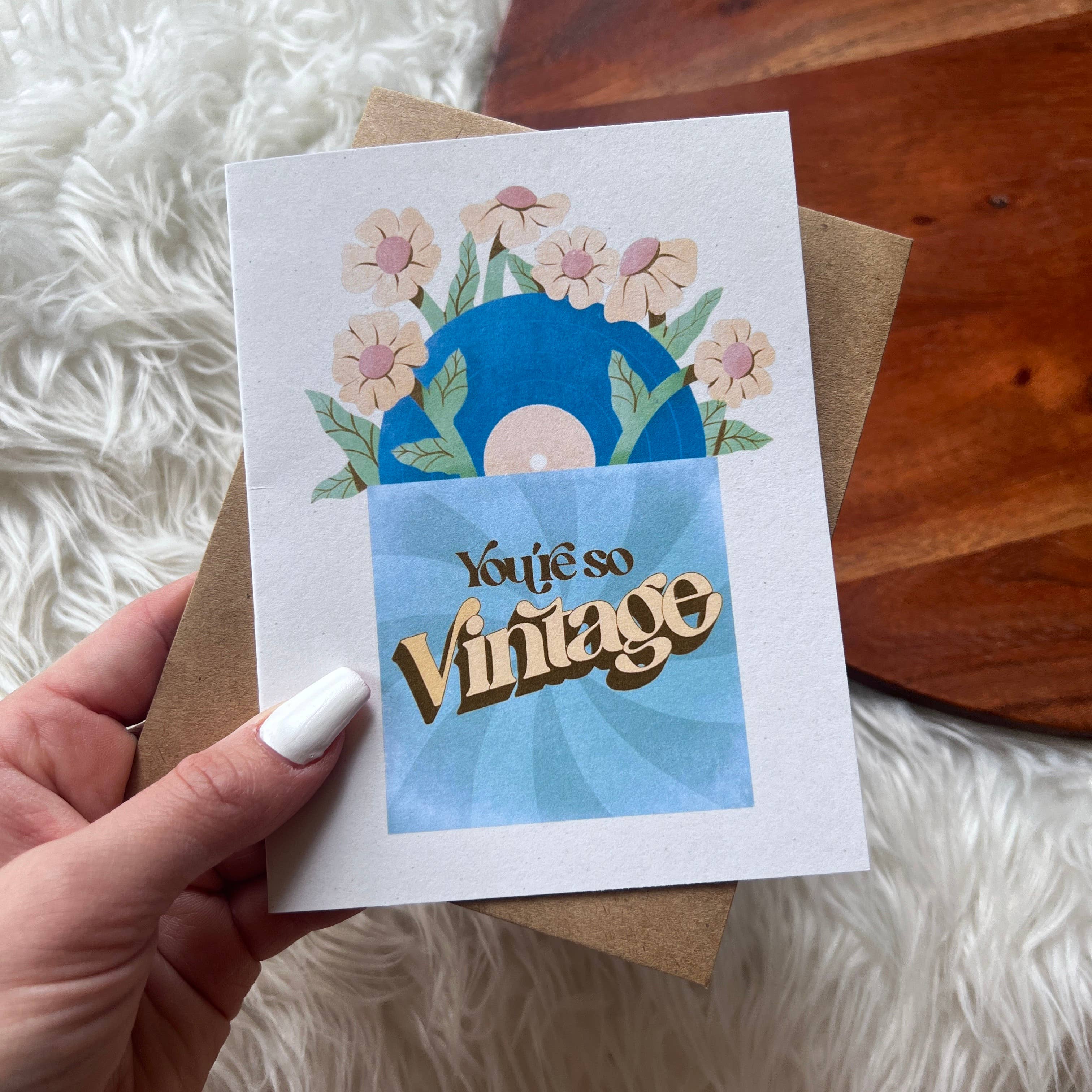 "you're so vintage" record birthday card