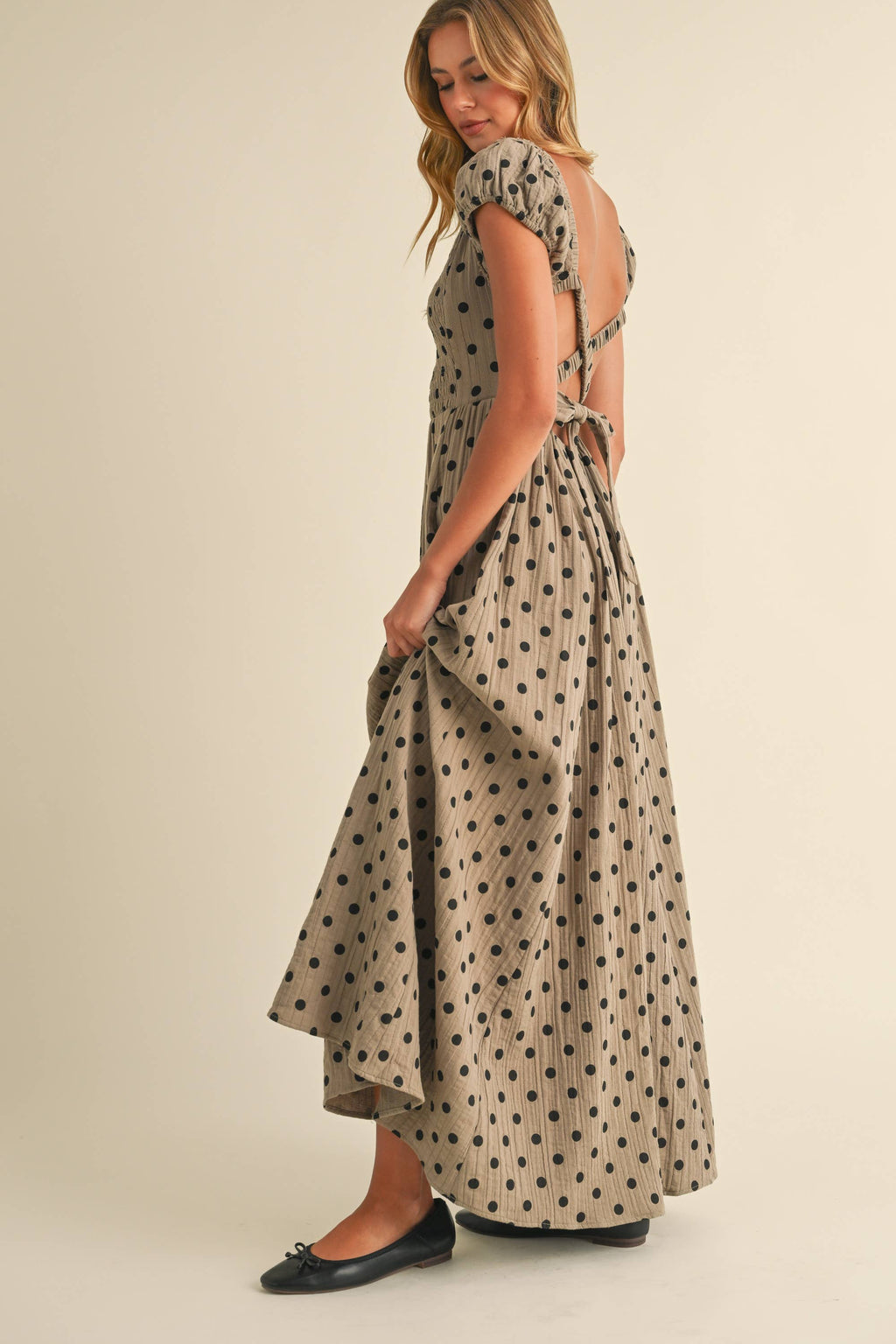 Polka Dot Criss Cross Open Back Smocked Maxi Dress