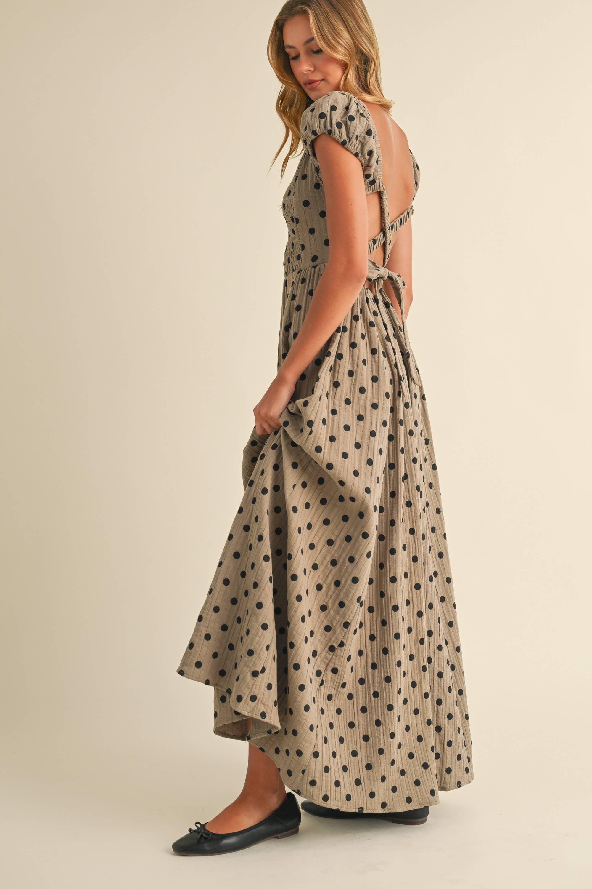 Polka Dot Criss Cross Open Back Smocked Maxi Dress