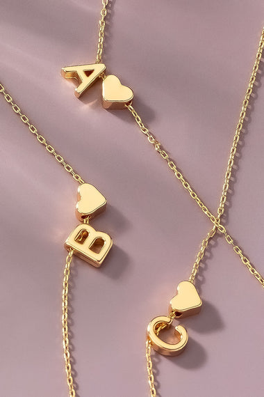 Brass Mini Initial with Heart Charm Necklace