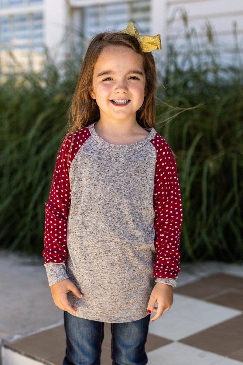 Girls' LS Tee with Polka Dot Print Sleeves