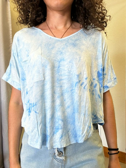 Folded Drop Shoulder V Neck Tie Dyed Top