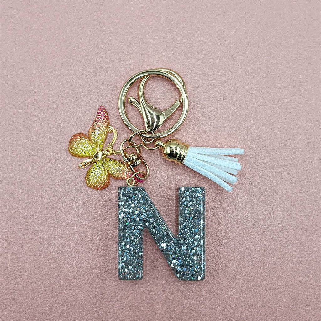 Silver Sequined Resin Letter Charm Keychains