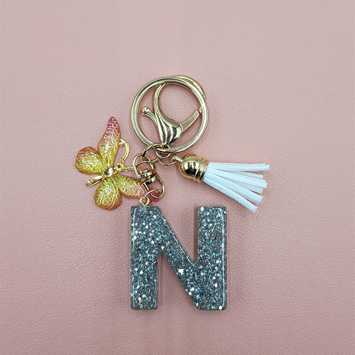 Silver Sequined Resin Letter Charm Keychains