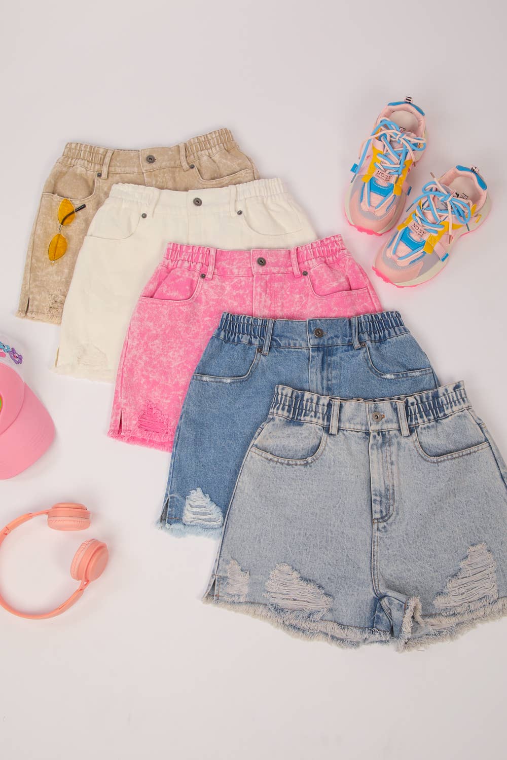 Elastic High Waist Distressed Washed Denim Shorts