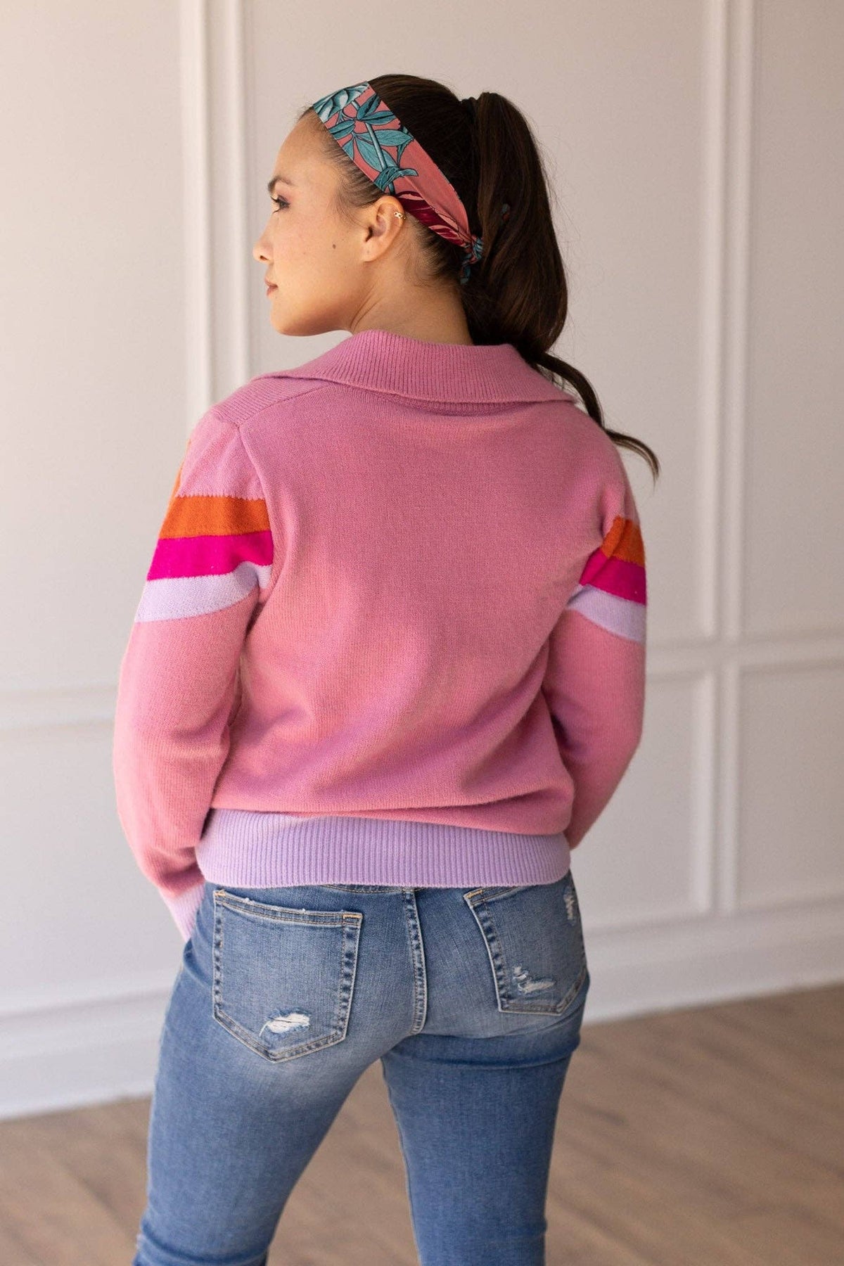 Vintage Vibes Pink Quarter Zip Sweater: Pink / X-Large